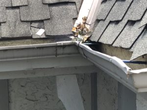 Gutter is bent and rusted impacting its functionality